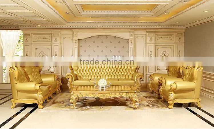 European Style Golden Color Wooden Hand Carved Living Room Leather Sofa Furniture Set(MOQ=1 SET)
