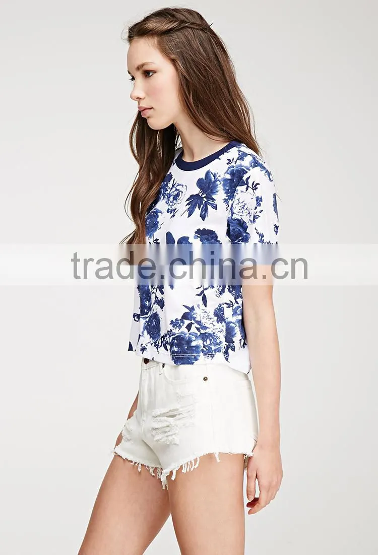 Soft floral printed crop t shirt, all over printing top for women