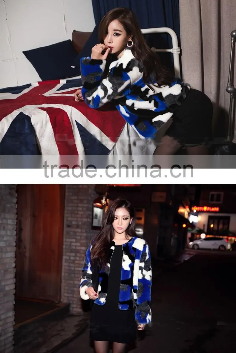 Europe style woman joint colour faux fox fur short overcoat lady fashionable printed short jackets