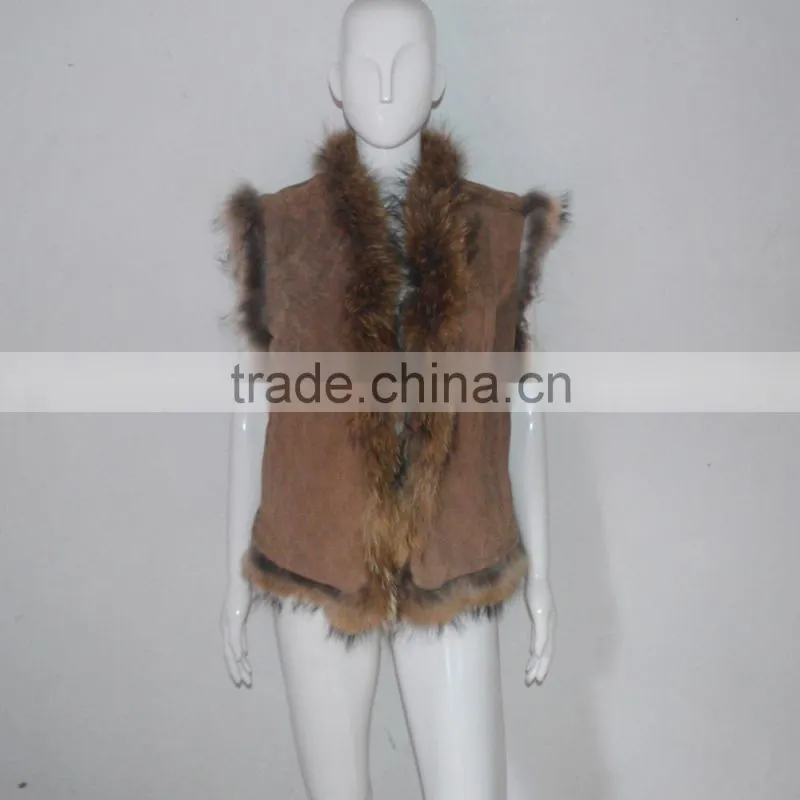 SJ185-01 UK Design Tongxiang Fur Big Raccoon Collar Suede Vests