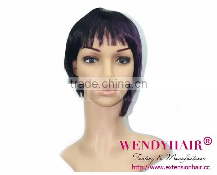 Factory Wholesale MOQ 1 PC one purple streak in black hair short wigs with bangs synthetic wig