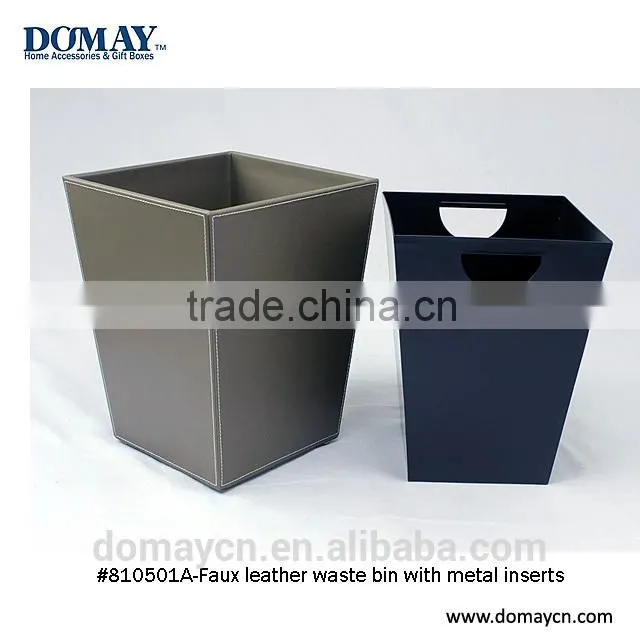 Faux leather waste bin with metal insert