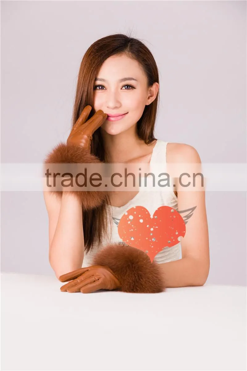 High-end Italian Brown Windproof Sheepskin Plain Style Fur Lined Leather Gloves