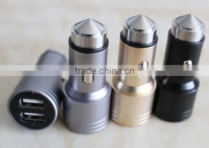Aluminum Mini Micro Dual USB Car Charger Escape Equipment Metal Safety Hammer Shape Nipple Car Charger For Mobile Devices