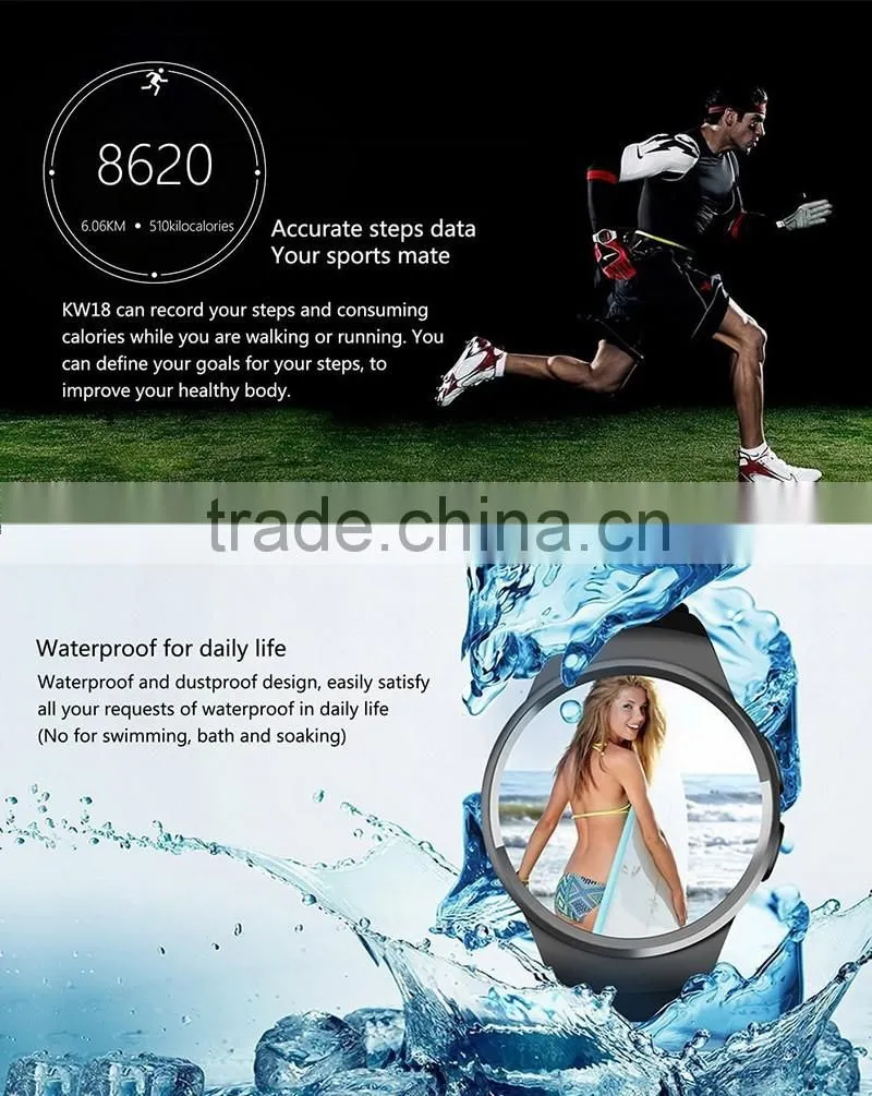 2016 New Product KW18 Smart Watch Android IOS Bluetooth MTK2502C SIM Round Heart Rate Monitor Watch Clock