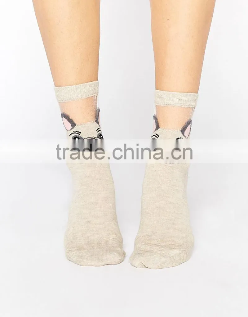 custom wholesale pug sheer panel socks ribbed cuff opening socks