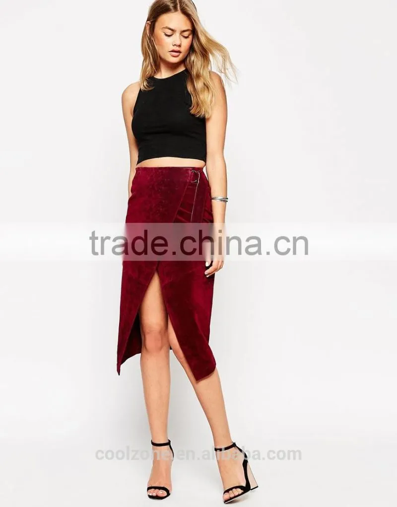 100% Real leather ladies pencil split front wrap skirt