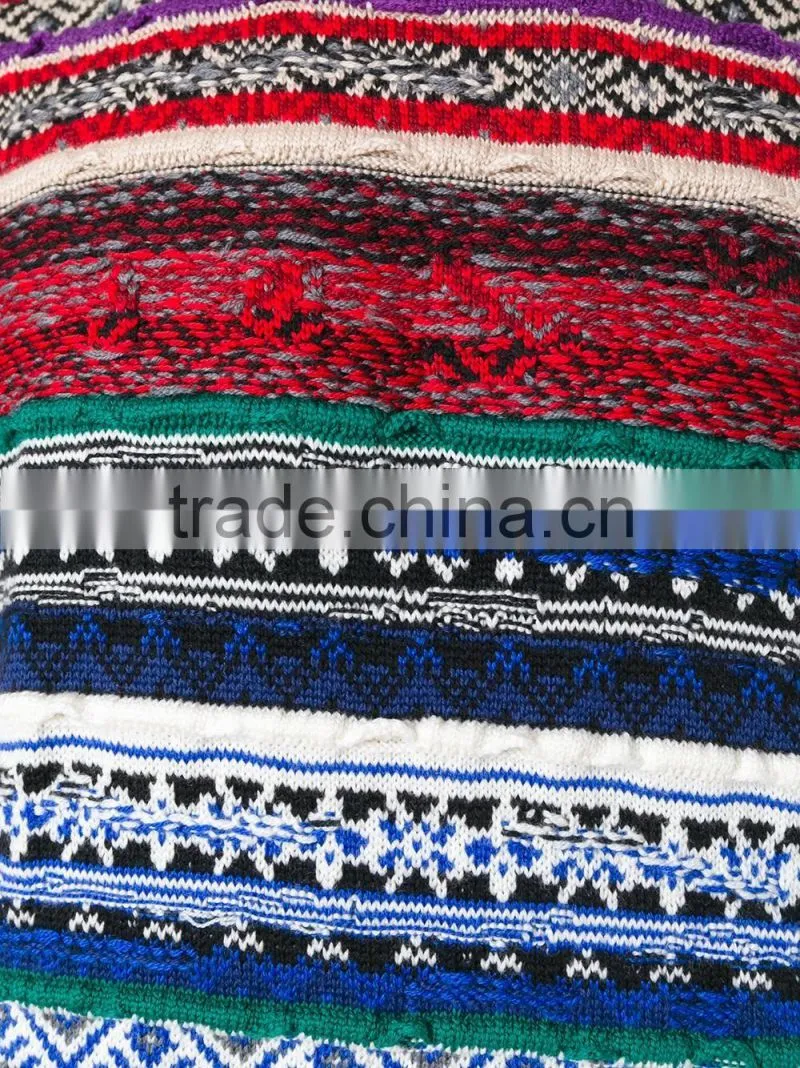 Multi Color Crew Neck Knitted Jumper Men's Intarsia Sweater with Button Decoration on Shoulders