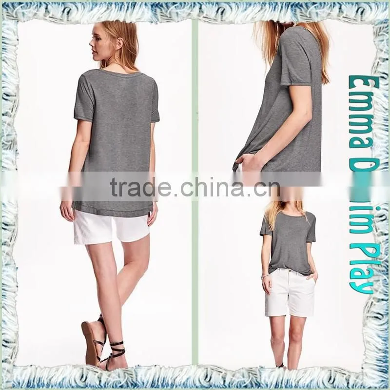 Hot Grey Stretch Soft Fabric Loose Fitness Womens Big Wide Neck Short Sleeve T-Shirts