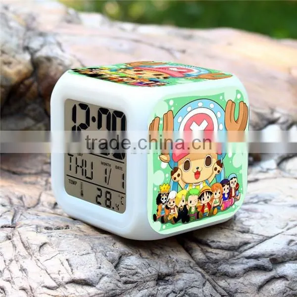 (Hot model) Led 7 color changing Alarm clock ,Desktop Calendar clock,One piece Cartoon clock