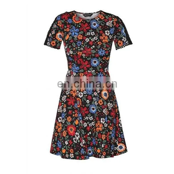 OEM Women Wear Fashion Dress Black Floral Sleeveless Lace Insert Dress