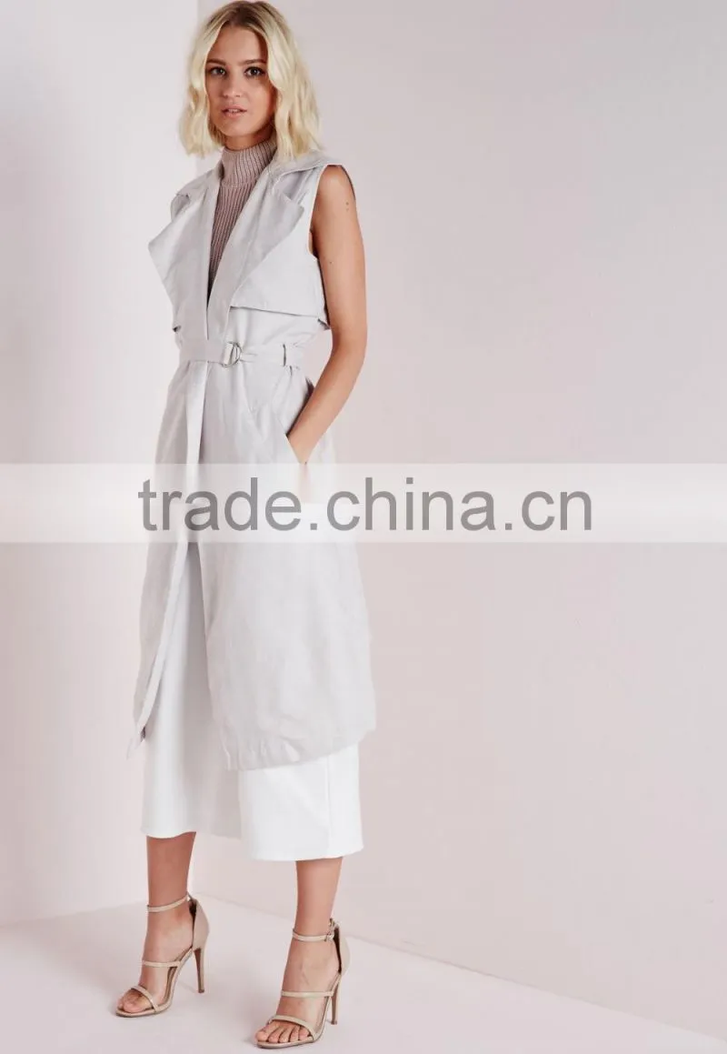 2015 Women Winter Sleeveless Long Faux Suede Trench Coat