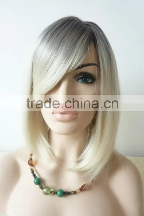 Most popular ombre grey Medium Straight lace front Synthetic bob Wig with fringe