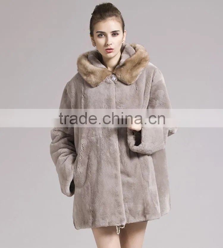 QD29281 Fashionable Europe Styles Raccoon Fur Collar Rex Rabbit Fur Coat For Sale