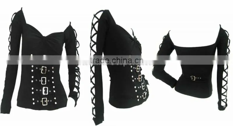 GOTHIC BLACK COTTON CORSET TOP WITH LONG SLEEVES