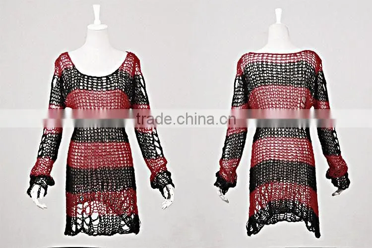 PM-004 Branded Red and Black Fashion Punk Rave Broken Pullover Striped Sweater