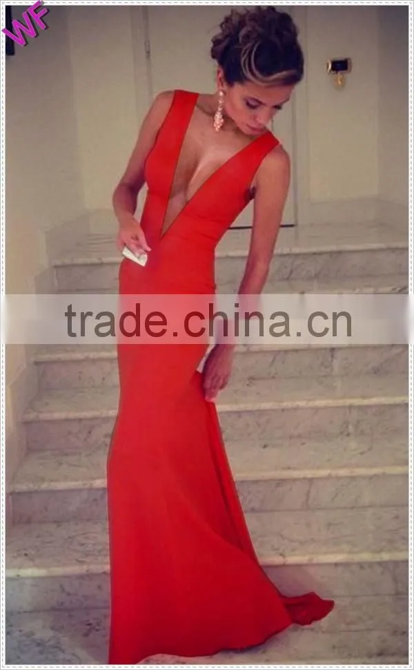 Custom Made Women Deep V neck Red Long Maxi Dress