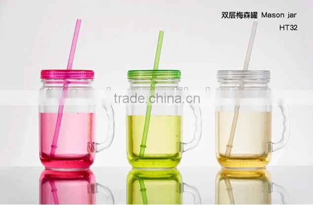 16oz as double wall insulated Gel and beads and liquid water mason jar plastic and freezer mug with straw and handle