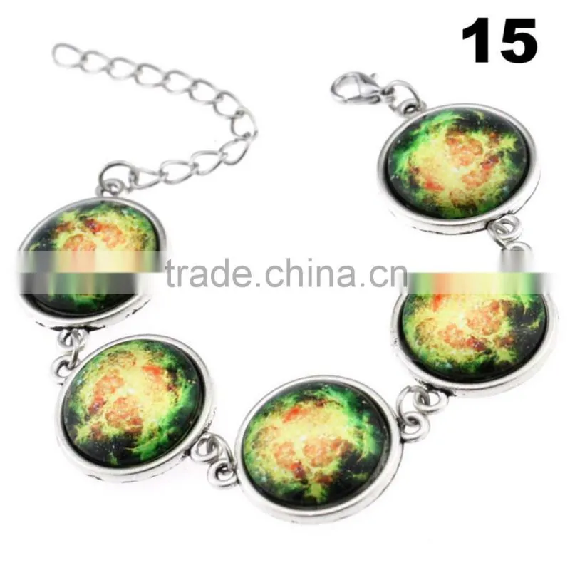 Wholesale Cabochon Glass Nebula Bangle -Galaxy Space -Novelty Metal Cuff Chain Bracelet