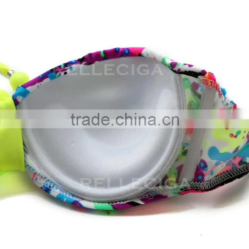 Wholesale Swimwear! Doodle Push-Up Bandeau Young Sexi Girl Bikini Swimwear Model with Neon Yellow Neck Ties by RELLECIGA