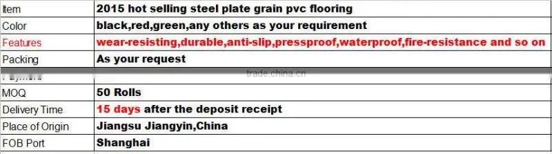 2015 hot selling steel plate grain pvc flooring