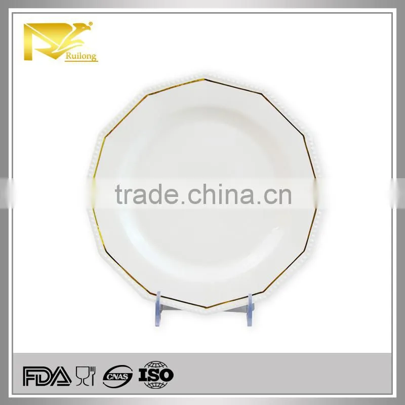 Tableware white gold rim embossed bulk custom ceramic plates