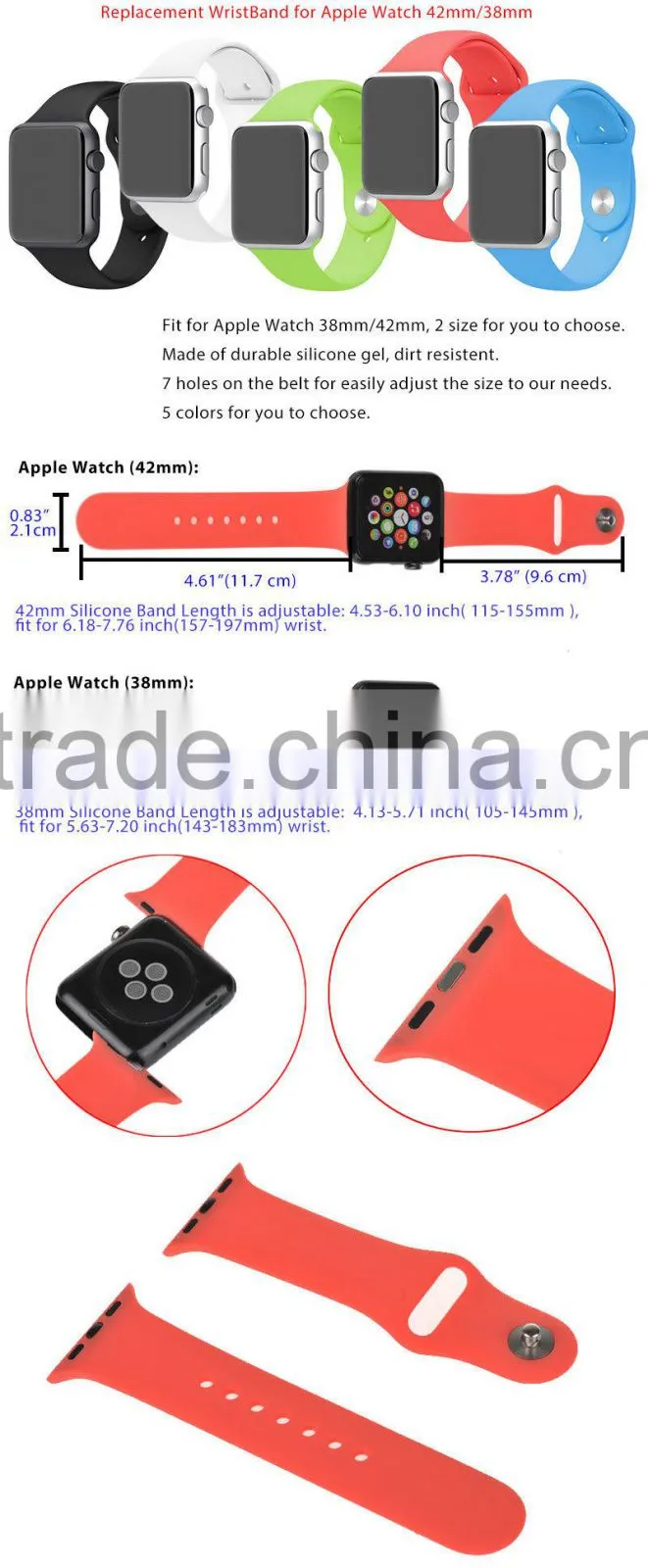 Watch Sport Band 38mm/42mm Rubber Strap Bracelet Fitness Replacement Wrist With Aluminum Connector Adjustment Length For Iwatch