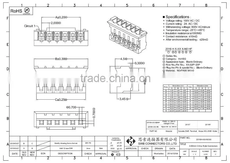 2.0MM Pitch Wire to board electrical connectors DIP SMT