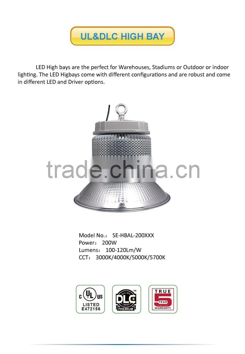 2016 lens angle 120 silver 1070 aluminum heatsink 3030SMD industral 200w led high bay light