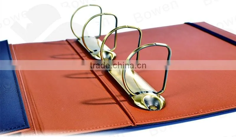 Three fold leather file folder with metal D ring binder and elastic band