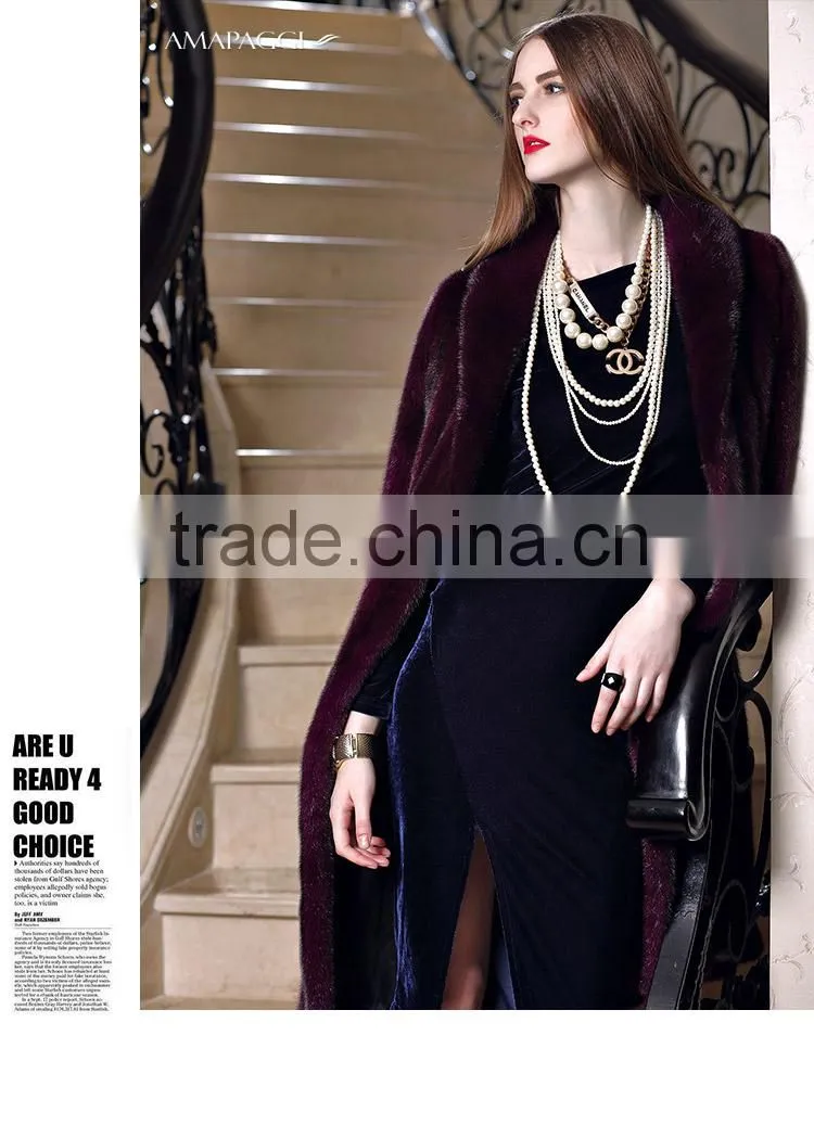 Wholesale long wine red mink fur coat parka for winter overcoat
