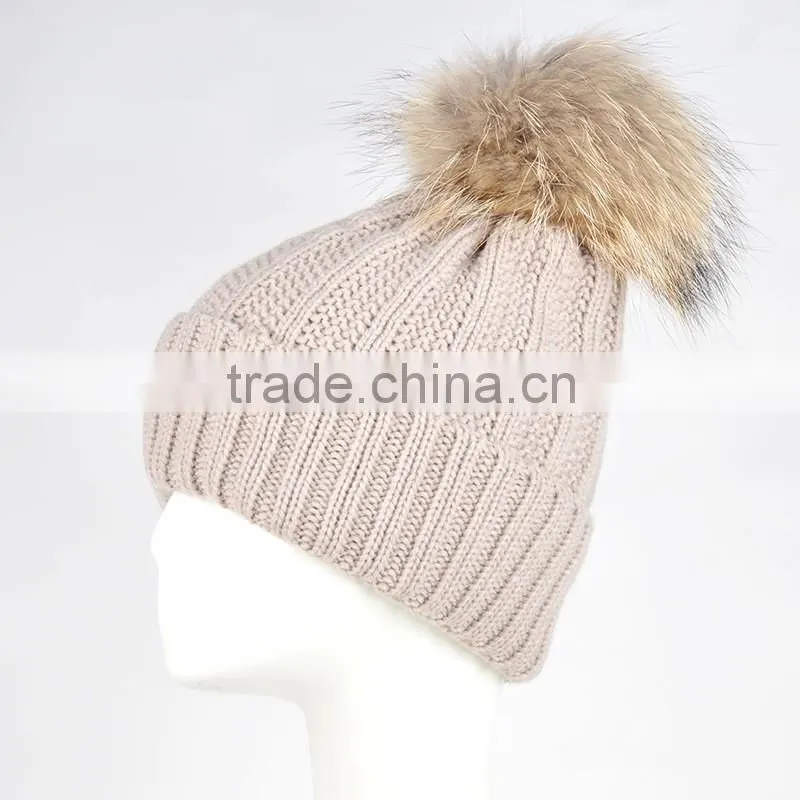 Winter Women Raccoon Fur Pom Pom Bobble Knit Braided Hat