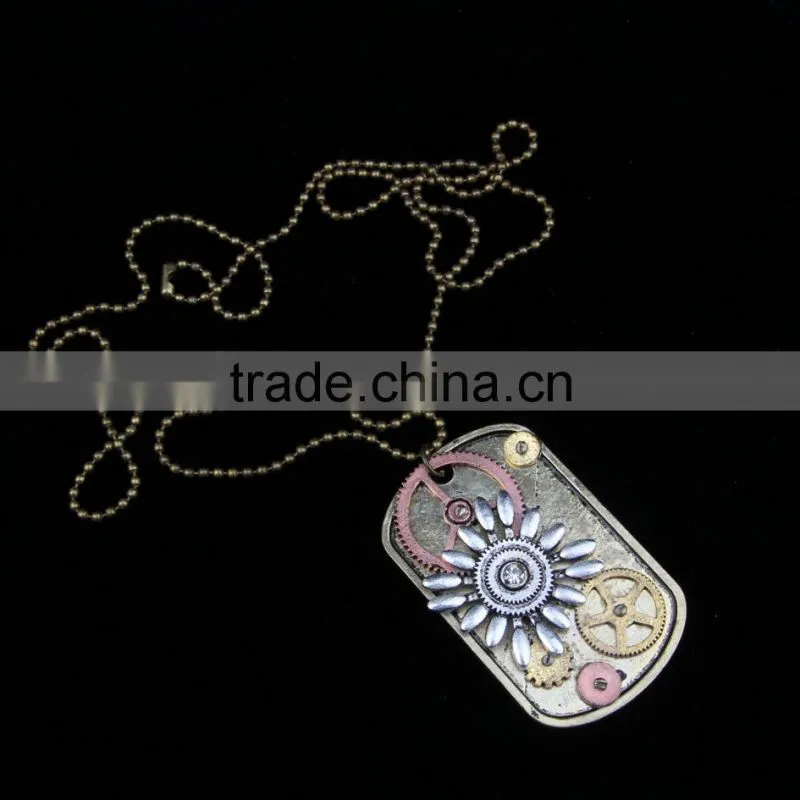 2015 yiwu fashion imitation jewelry hot sale steampunk necklace dog tag gear steam flower pendant cameo statement necklace