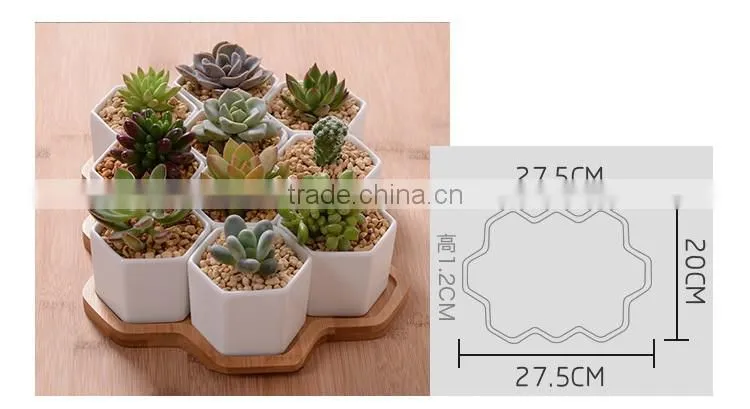 Zakka combination potted six sides indoor glazed pottery planters with bamboo tray