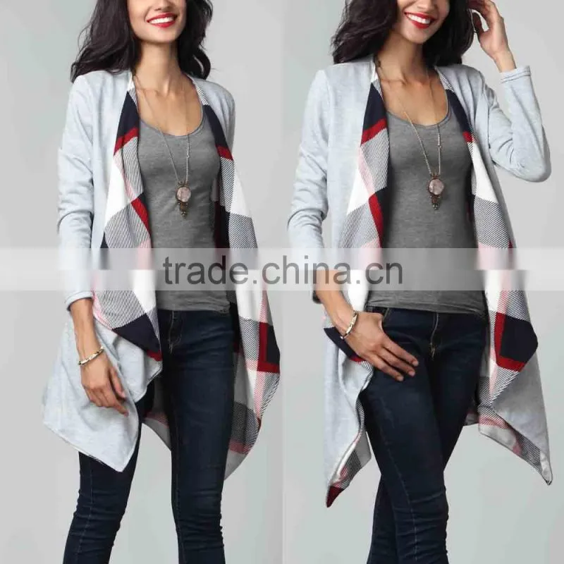 OEM Latest Ladies Women Fashion Long Sleeve Gray French Terry & Plaid Lined Drape Cardigan Sweaters Wholesale