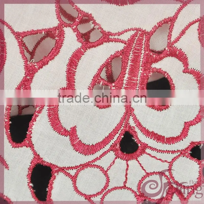 Red floral hollow out embroidery design cotton lace fabric for dress