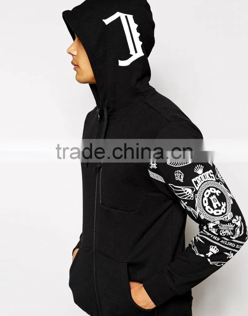 Sleeves printed custom black zip up hoodie