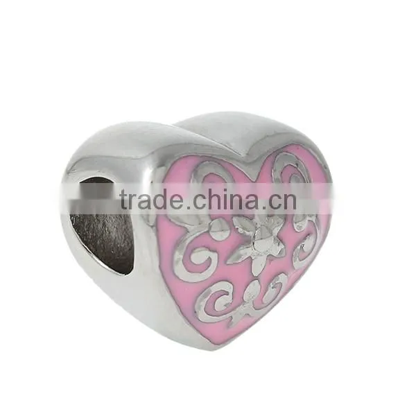 304 Stainless Steel European Style Large Hole Charm Beads Heart Silver Tone Fleur-De-Lis Carved Pink Enamel About 13mm x 12mm