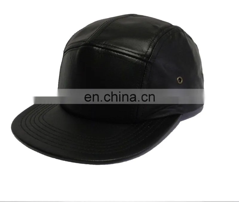 Black 5 panel hat with printing flat brim