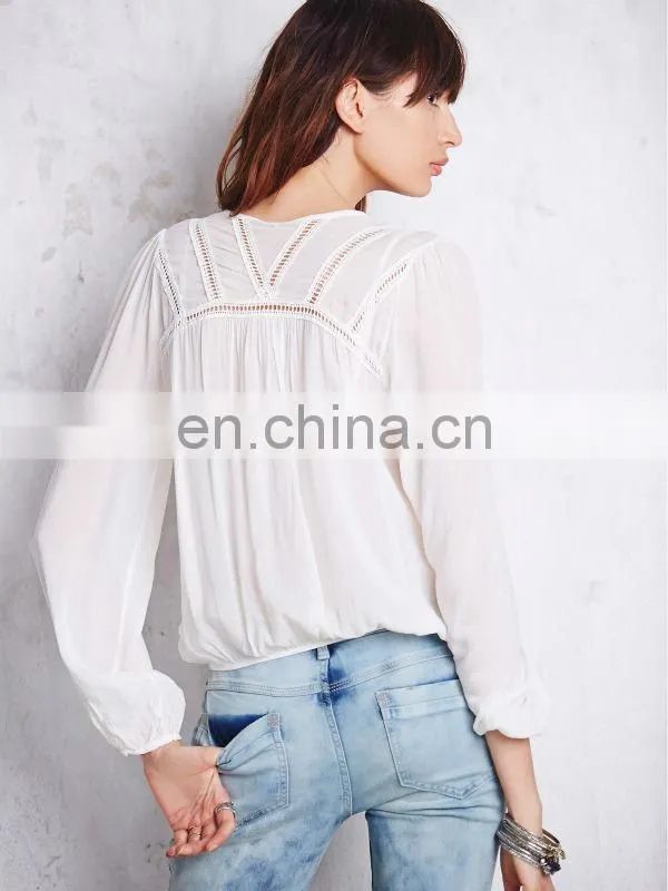 Lace trimed long sleeve woman surplice woven top