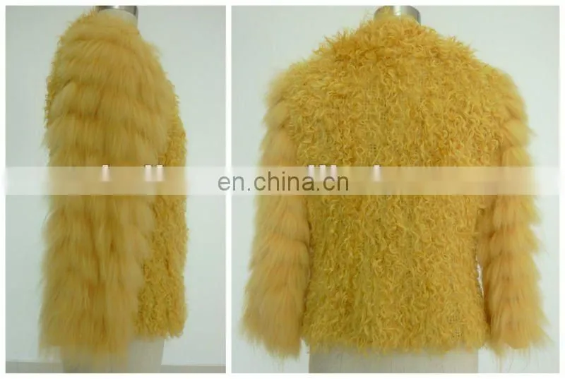 Ladies round neck seven sleeve yellow fur coat with invisible button
