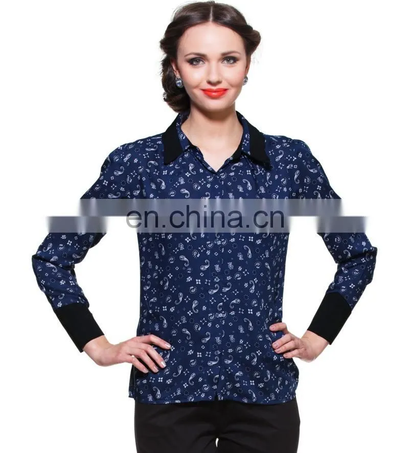 BLUE PRINTED SHIRT WITH CONTRAST COLLAR AND CUFF DESIGNER TOP LADIES NEW DESIGN FASHION TOP