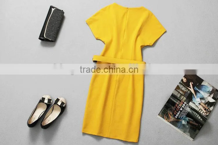 Hot Selling Fashion Causal Yellow Dress with belt for ladies
