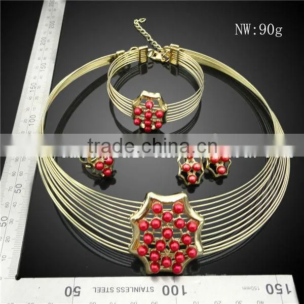 Gold plated fashion jewelry set in China with red coral beads design jewelry