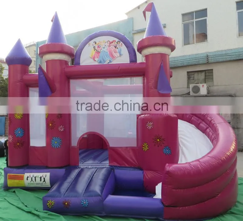 deep pink princess inflatable combo, jumper castle and slide for kids