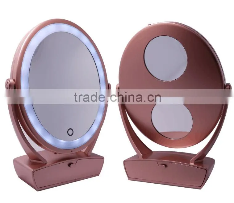 Touch screen lighted dressing table mirror with 5x and 10x magnifying mirror