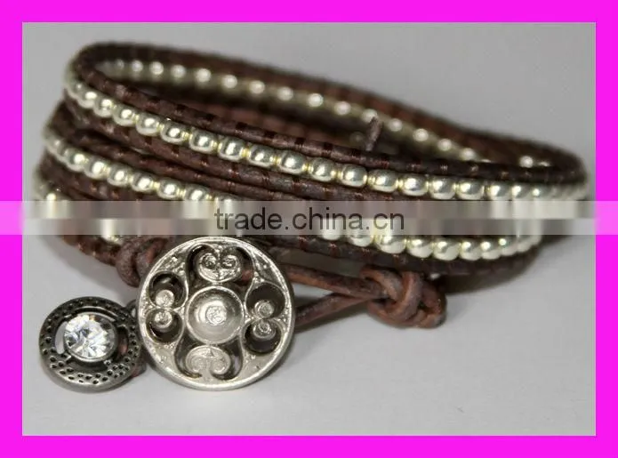 GZKJL-BL0183 Silver Beaded Bracelet Vintage Charm 3x Leather Wrap Bracelet