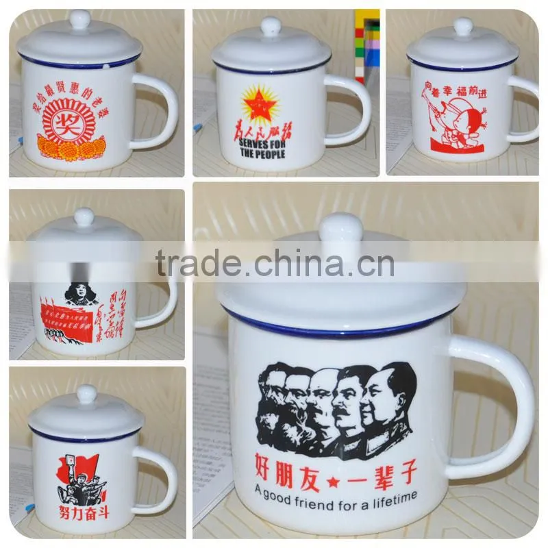 Hot selling white logo printing enamel camping mug