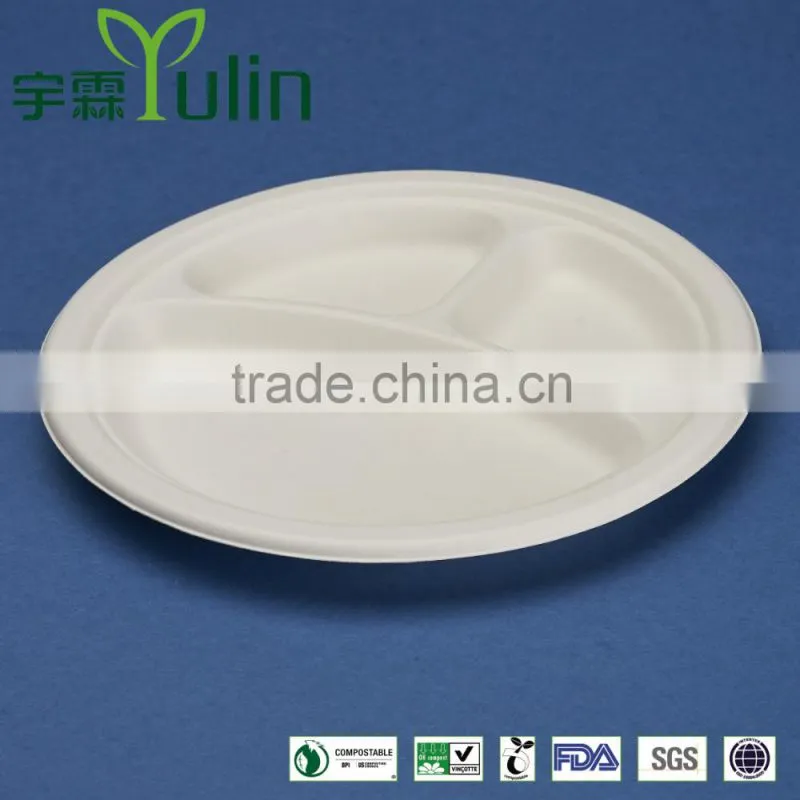PL-09-3 9 inches diposable sugarcane 3 compartment divided round dinner plates