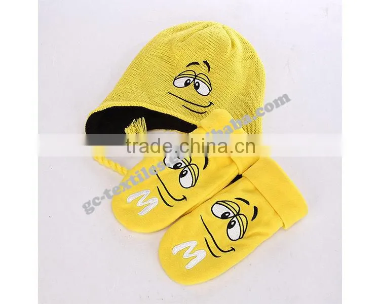 2015 new product china alibaba manufacturer CUSTOM LOGO OEM winter acrylic baby cartoon warm winter set beanie hat gloves